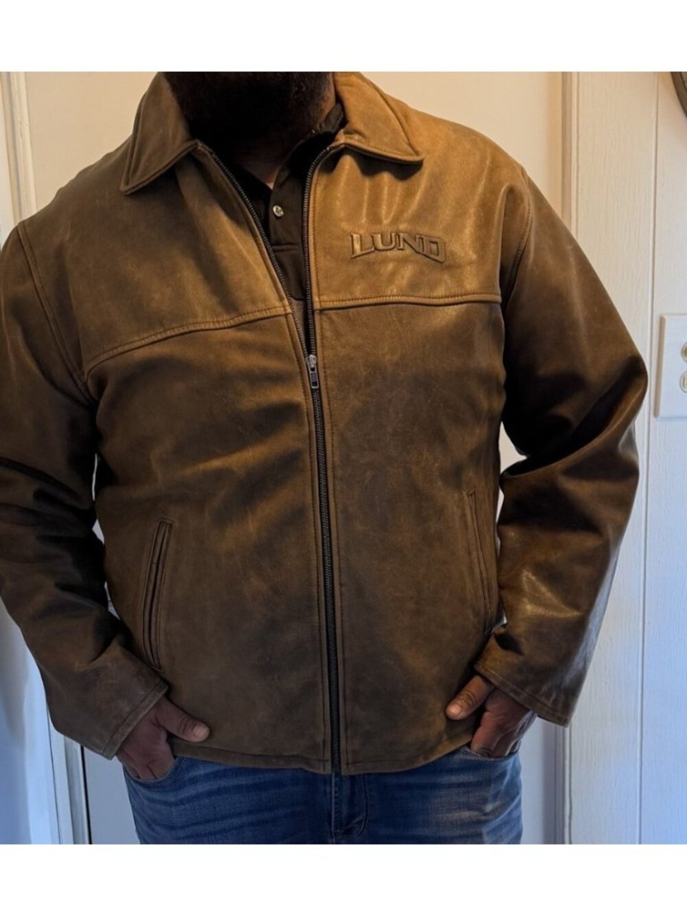 Lund Jacket Mens Size 2XL Brown Distressed Leather  Fishing Boats Coat VINTAGE